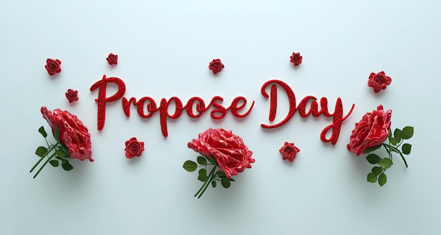 3d-tekst voor de dag van het aanvragen met rode rozen omringd op een eenvoudige witte achtergrond