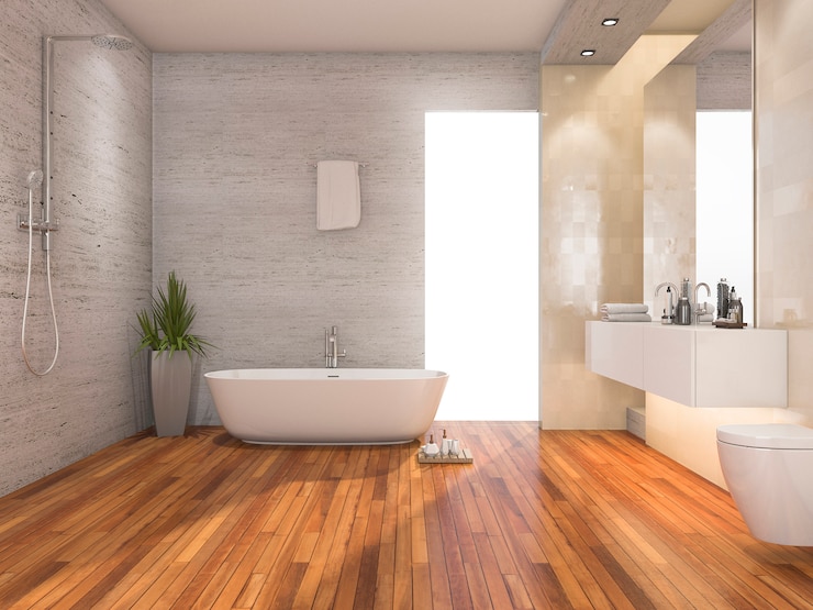 Foto 3d teruggevende houten heldere badkamers en douche met modern decor