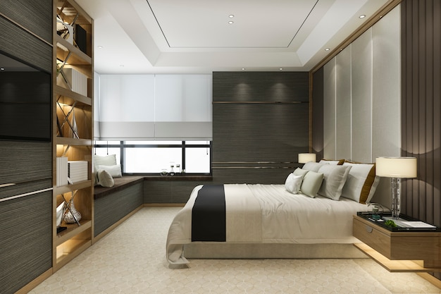 3d teruggevende houten moderne reeks van de luxeslaapkamer met boekenrek en kussen