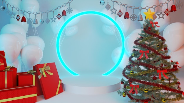 3d teruggevende illustratie Kerstmis en Nieuwjaar met de achtergrond van de podiumtribune.