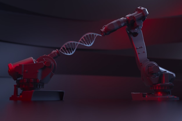 3d teruggevende illustratie met twee robothanden die dna-model houden