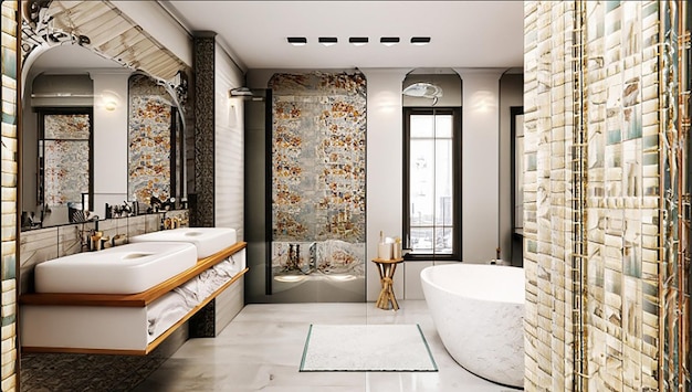 3d teruggevende klassieke moderne badkamers met het decor van de luxetegel