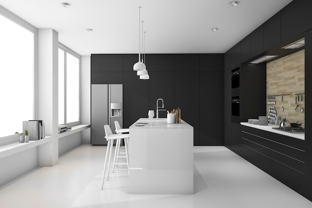 Foto 3d teruggevende minimale zwart-witte moderne keuken