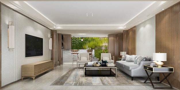 3d teruggevende moderne woonkamer met keuken met het groene decor van de muurinstallatie