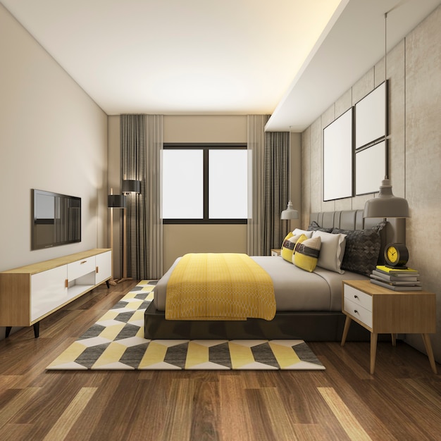 3d teruggevende reeks van de luxe gele slaapkamer in hotel met tv