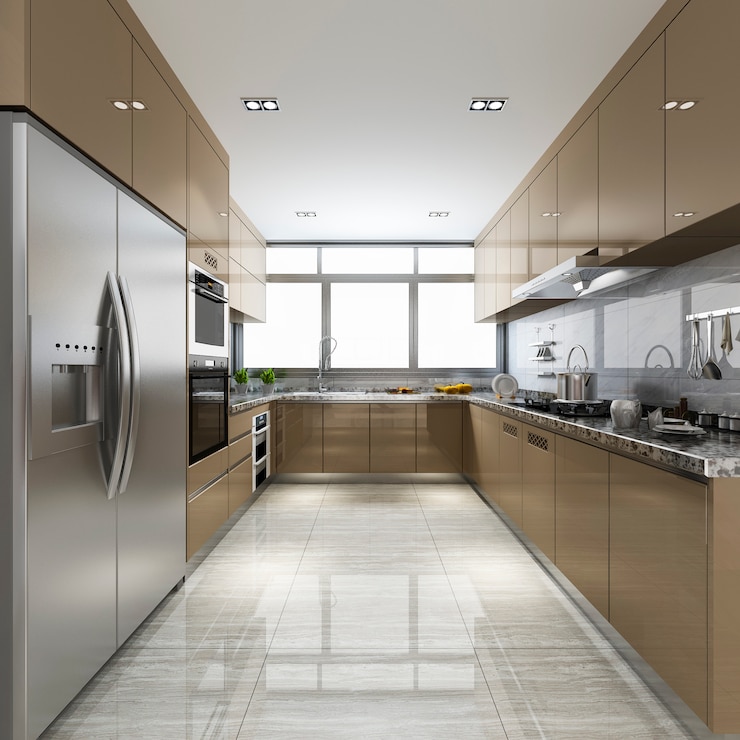 Foto 3d teruggevende skandinavische uitstekende moderne keuken met het dineren gebied