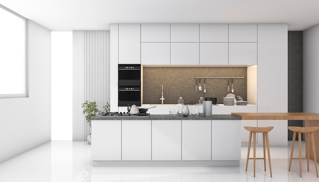 3d teruggevende witte moderne keuken met licht van venster