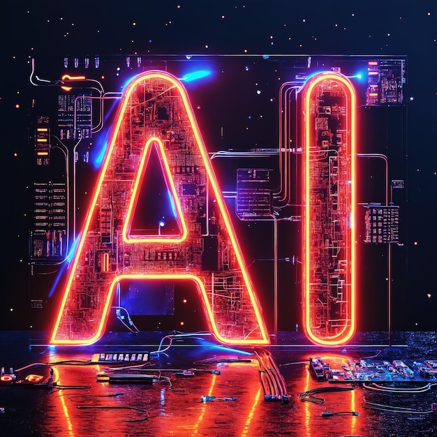 The 3D text AI made of glowing LED lights