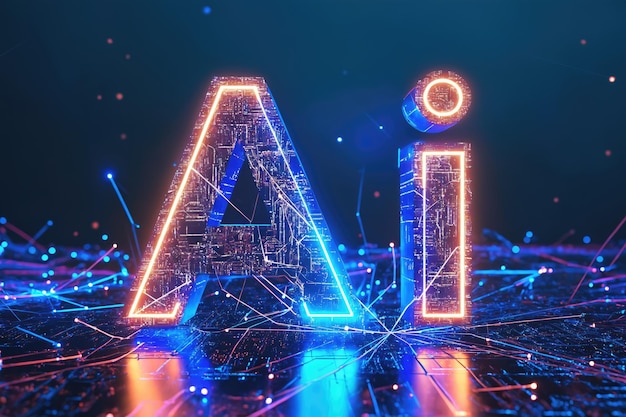 The 3D text AI made of glowing LED lights