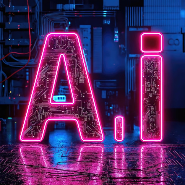 The 3D text AI made of glowing LED lights