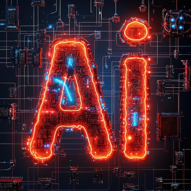 Photo the 3d text ai made of glowing led lights