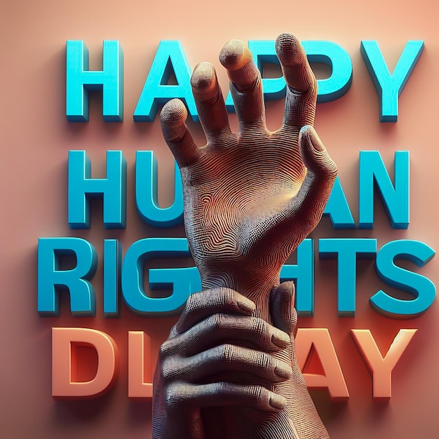 3D-текст «С Днем прав человека» со знаком человеческой руки