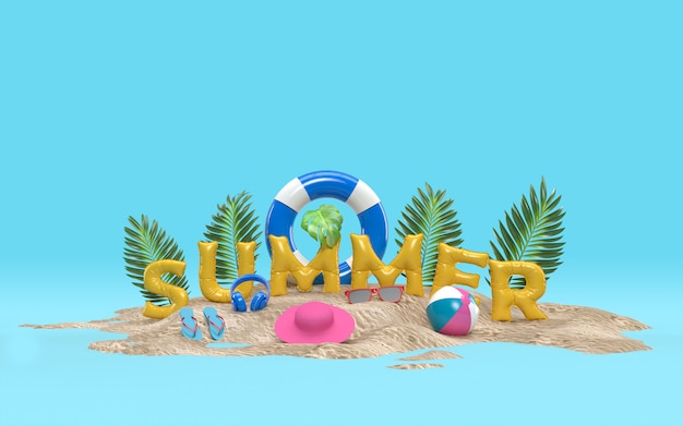 3D Text Summer on Beach Island With Sun Glass, Flip-Flops, Ball, Ring Floating, Palm Leaf outdoor relaxation with copy space For Background. Design of Summer Vacation Holiday Concept. 3D Rendering