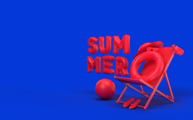 Photo 3d text summer with elements, sun glass, flip-flops, hat beach, ball, ring floating and chair . creative design of summer vacation holiday concept. 3d rendering