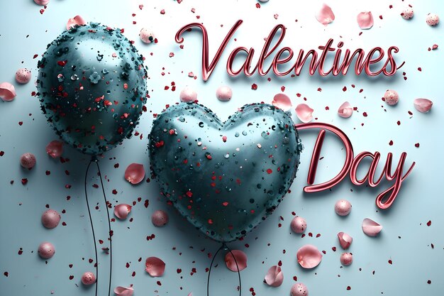 Photo 3d text valentine day flying balloons heart and rose petal glliter effect background