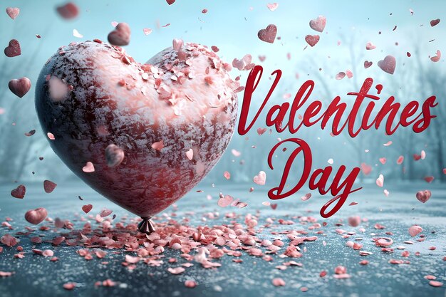 Photo 3d text valentine day flying balloons heart and rose petal glliter effect background