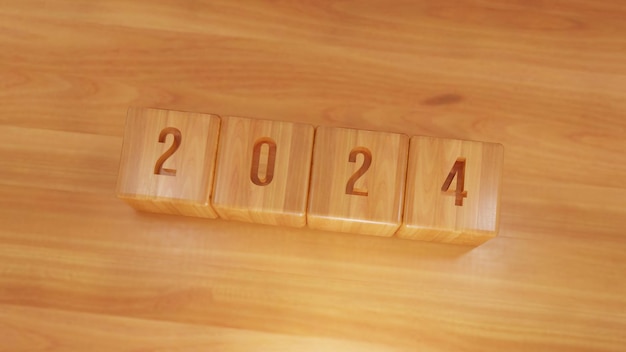 Foto testo 3d legno buon anno nuovo 2024 illustrazione rendering