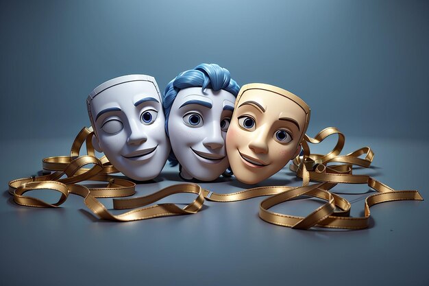 3D-театральные маски для трагедии, драмы и комедии, икона билета на кино, готовая для просмотра в кинотеатре, медиафильм для развлекательной службы, икона векторного рендеринга, иллюстрация.