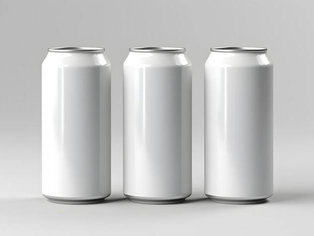 Photo 3d three empty cans of beverage mockup with isolated background