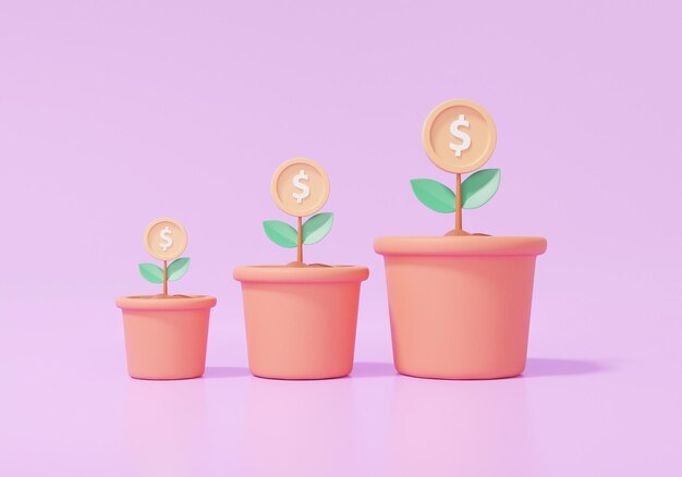 3D Three plant pot small to large with money tree coin dollar on purple background Business profit investment concept Finance education cartoon minimal 3d render illustration