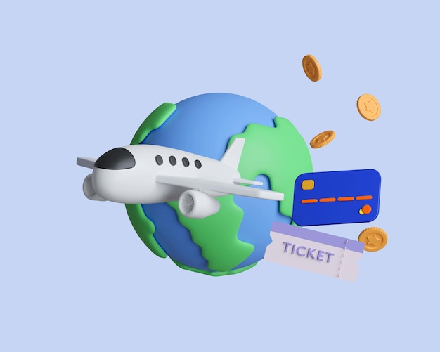 Photo 3d ticket for flight airplane payment by credit card 3d travel booking and service 3d render illustration