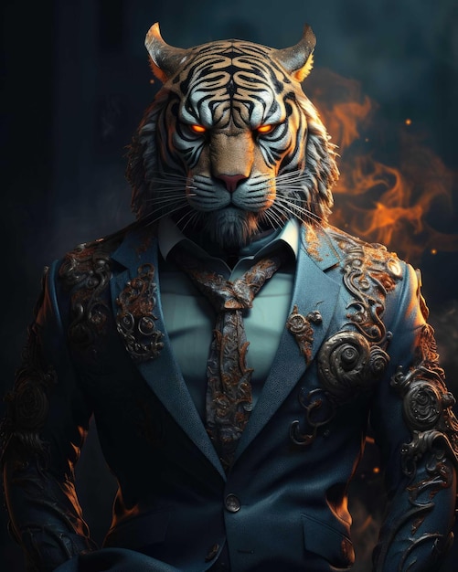 Фото 3d-тигр с человеческим телом, выглядящим серьезным в костюме на фоне драматической студии