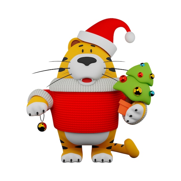 Foto tigre 3d con albero di natale