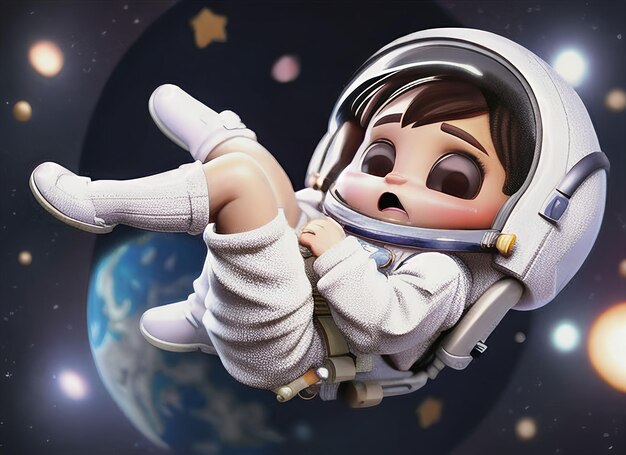 宇宙の背景を飛んでいる 3 D の小さなかわいい赤ちゃん宇宙飛行士