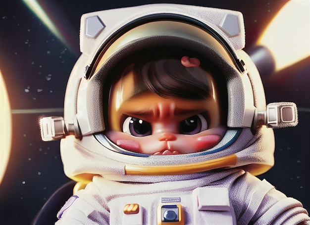 3D tiny cute baby astronaut flying in space background