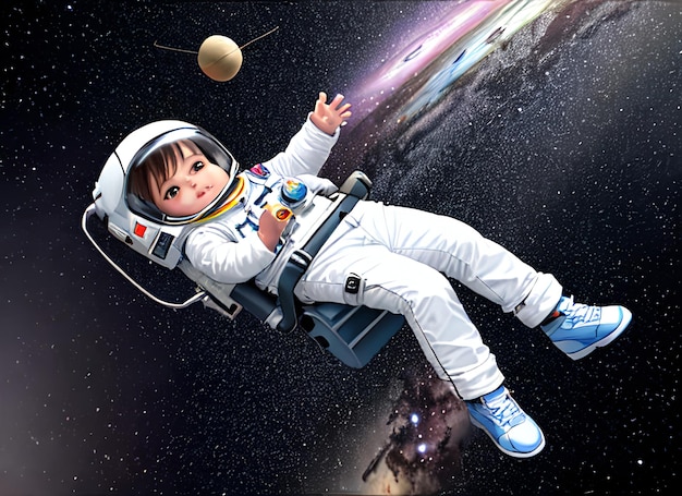 3D tiny cute baby astronaut flying in space background