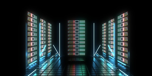 3d toekomstig datacenterconcept met neonlichten. 3D-afbeelding