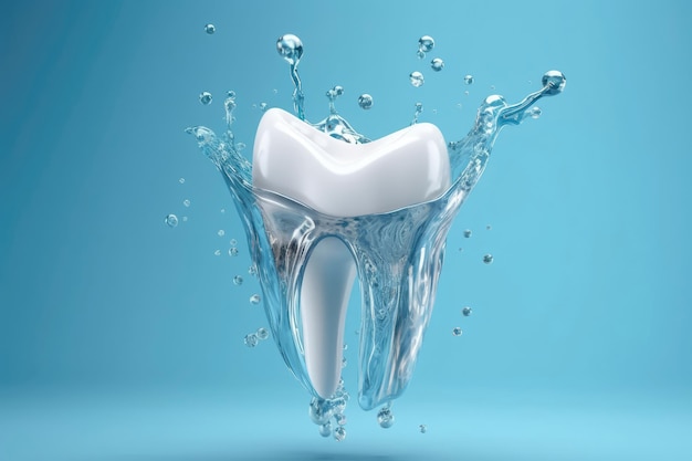 3D Tooth With Splash Of Water Around It On Blue Background Generative AI