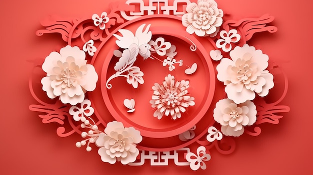 3d top view of chinese new year paper cut ornament of happiness fish on red background