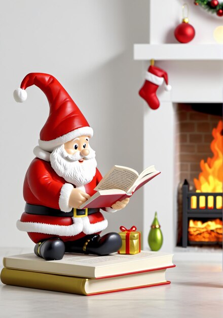 3D Toy Of Santa Claus Reading A Book By The Fireplace On A White Background