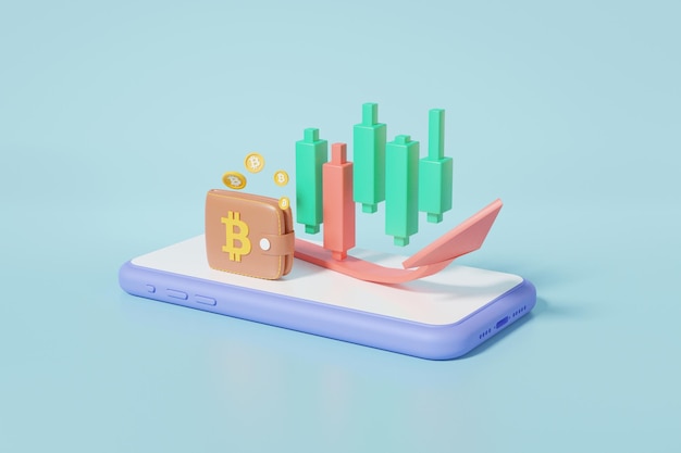 3D trading concept Cryptocurrency trading or bitcoin on mobile and growth Stock currency transfer exchange in wallet data information investing banner isometric 3d render illustration