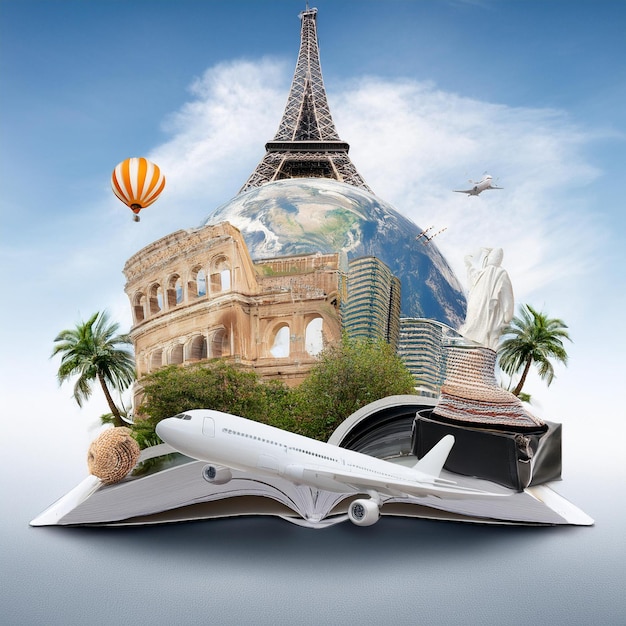 3d travel concept with world famous place background