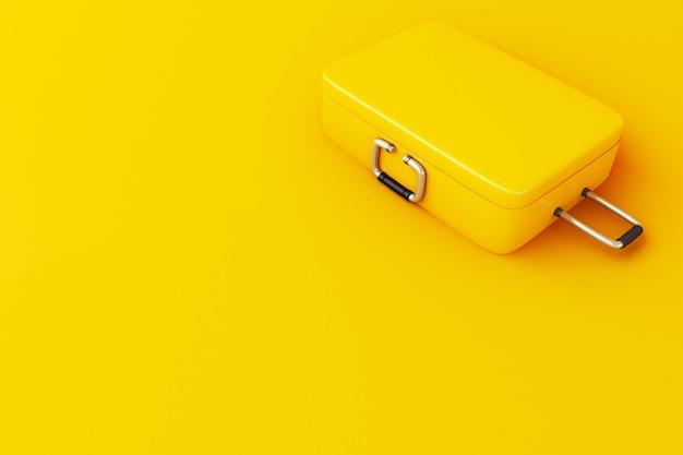 Фото 3d путешествия чемодан на желтом фоне.