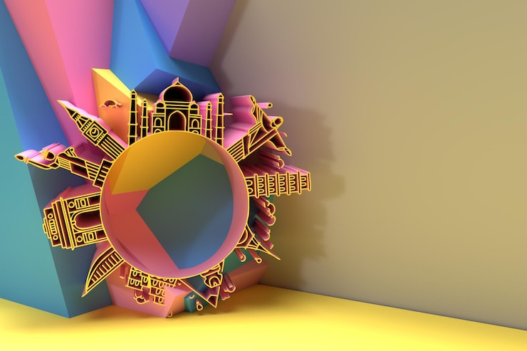 फोटो 3d travel the world monument concept - 3d render flyer poster design.