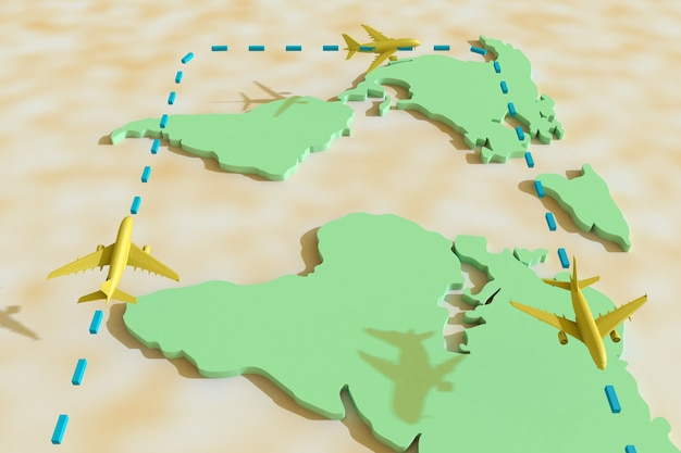 3d viaggiare in tutto il mondo in aereo. illustrazione 3d. in giro per il mondo in aereo. concetto di viaggio nel mondo