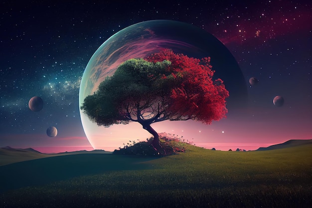 3D tree against a moon night sky Generative Ai