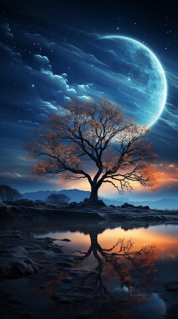 3d tree against a moon night sky