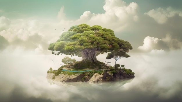 3D tree in the clouds Rock Generative AI