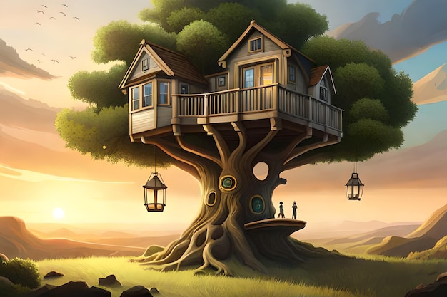 3D дом на дереве с балконом на природе