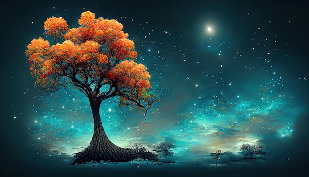 3d tree silhouetted tree against a moonlit landscape Generative Ai