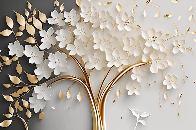 3d tree wallpaper golden stem and white floral leaves