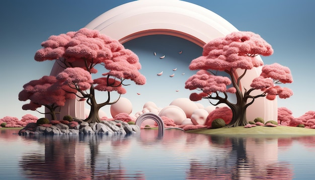 Photo 3d trees and clouds in minimalist style