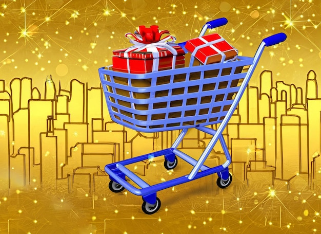 3d trolley full of gifts and golden hand drawn city plan background