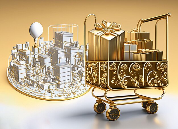 3d Trolley full of gifts and golden hand drawn city plan background