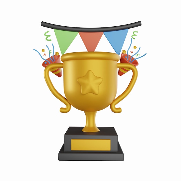 3D Trophy Cup and confetti icon. Gold winners trophy, champion cup with falling confetti.