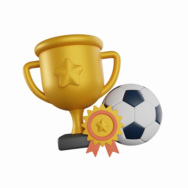 3D トロフィー カップとサッカー ボール。 1位受賞。フットボールの試合と金の報酬。 3Dトロフィーカップ